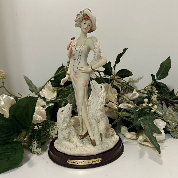 Vintage Miguel Angel Lady Figurine 10" Pink & Cream Porcelain Lady With Two Dogs - Picture 2 of 11